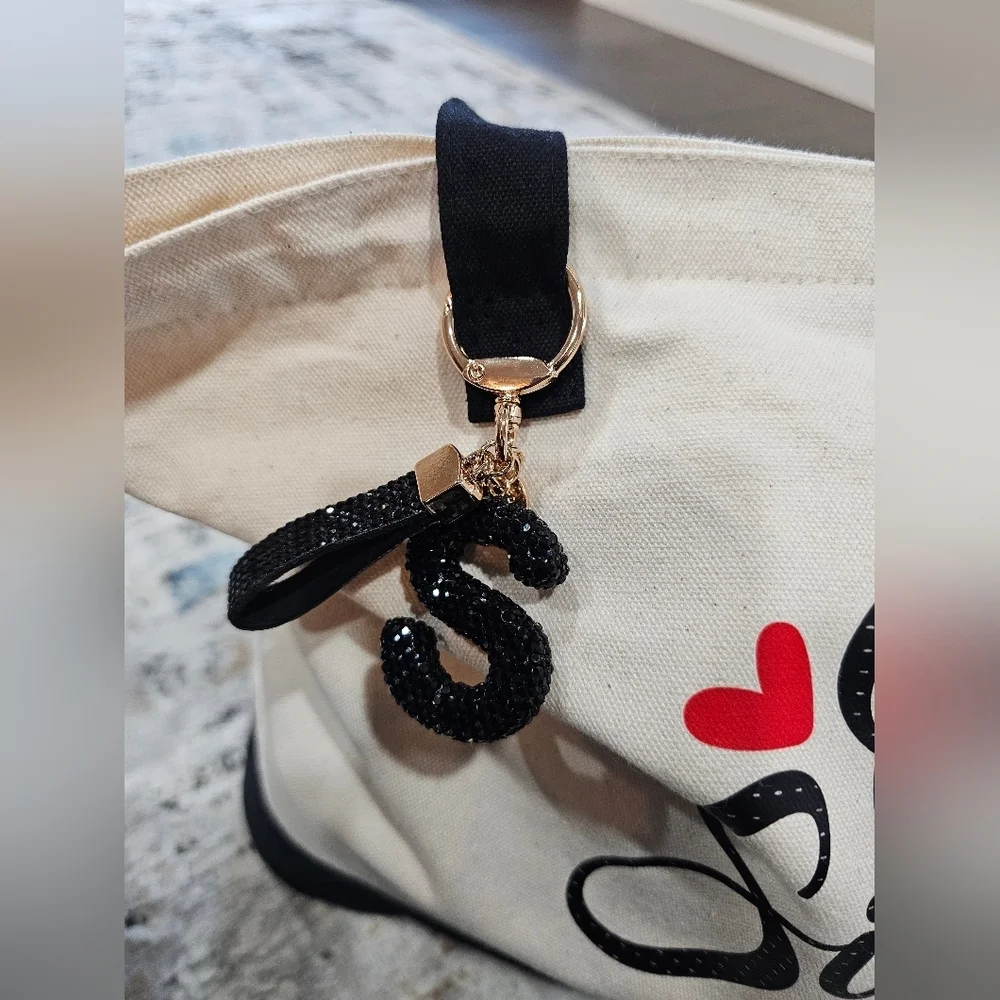 Black Lucky Rhinestone ' S ' Bling Keychain, NEW